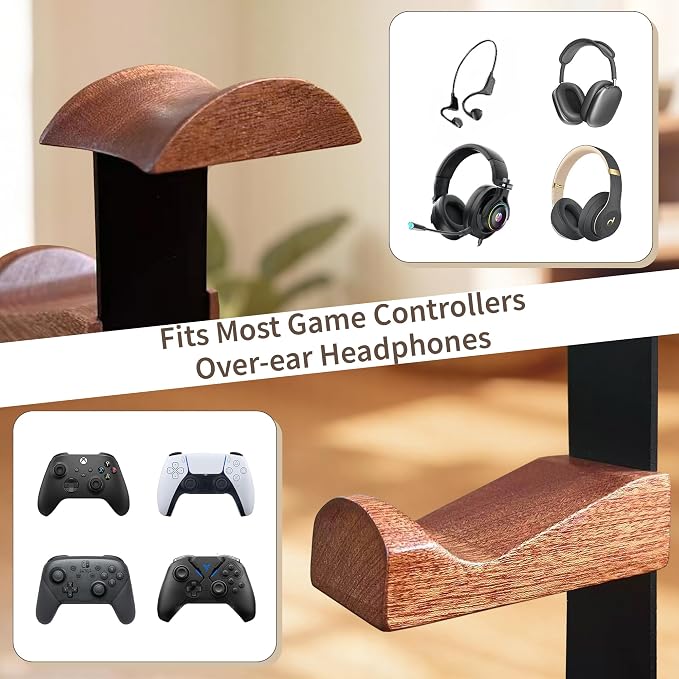 Solid Wood Headphone Stand with Controller Holder, Space-Saving Dual Hanger & Gamepad Organizer for Desktop, Gaming Desk Accessories with Stable Base Storage - Image 2