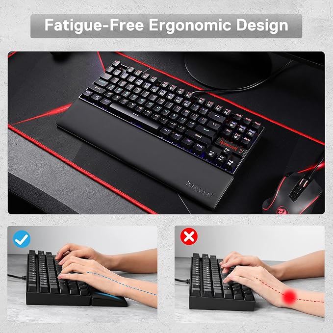 Redragon P036 Meteor M Computer Keyboard Wrist Rest Pad, Ergonomic Soft Memory Foam Wrist Support w/Anti-Slip Rubber Base, 80% 87 Keys TKL Size 14.13 x 2.87 in, 0.78 inch (20mm) Height, Black - Image 7