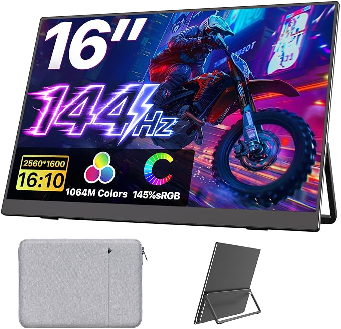 Upperizon Portable Monitor 16 inch 2K QHD 2560X1600 145% sRGB, 144Hz USB-C, 120Hz HDMI, Travel Monitor for Laptop MacBook PC Surface PS5 Xbox, External Display with Kickstand & Speaker VESA Compatible by Upperizon