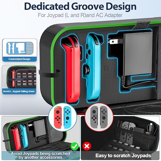 OIVO Switch OLED Carrying Case Compatible with Nintendo Switch & OLED, Portable Switch Travel Carry Case Fit for Joy-Con and Adapter, Hard Shell Protective Switch Pouch Bag with 20 Games, Green - Image 2