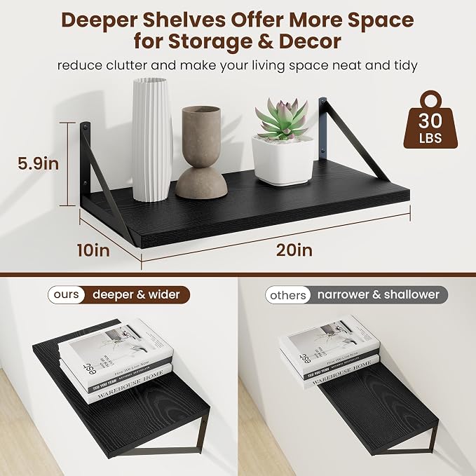 Axeman 20 Inch Floating Shelves, 10 Inch Deep Black Wall Shelves Set of 2 - Image 3