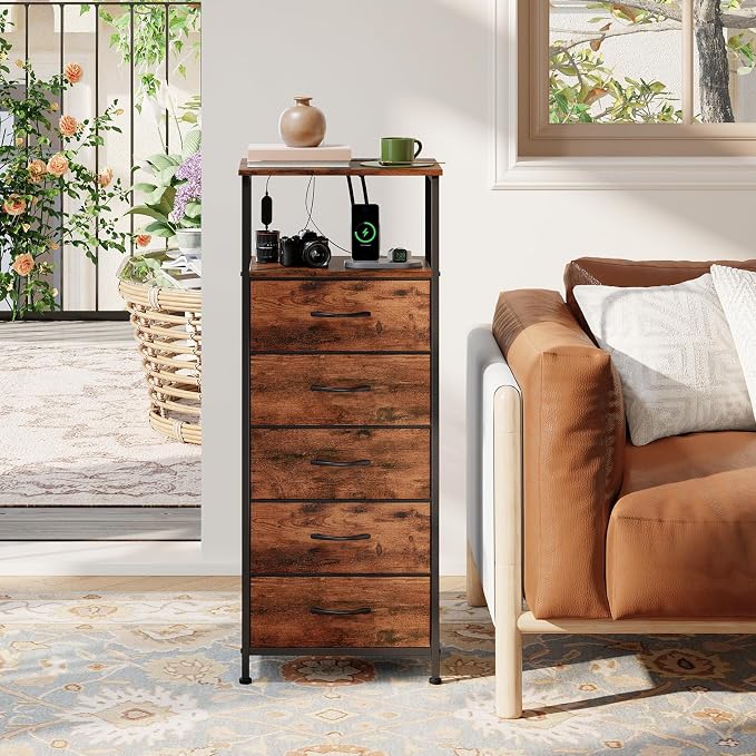 Somdot Tall Nightstand with 5 Drawers, Charging Station & LED Light - Image 7