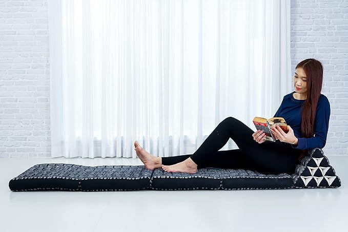 Leewadee Comfortable Japanese Floor Mattress - Thai Floor Bed with Triangle Cushion - Futon Mattress - XL Extra Long Thai Massage Mat, 89 x 20 inches, Black, Kapok Filling by Leewadee