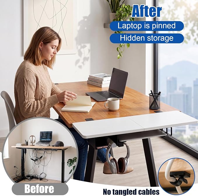 Novabright 30" X 12" Desk Extender Tray with Side Storage Rack Heavy Duty Desk Extender Under Desks Laptop Mount Keyboard Extenders for Desks with a Concealed Storage Area for Cable & Earphone (White) - Image 3