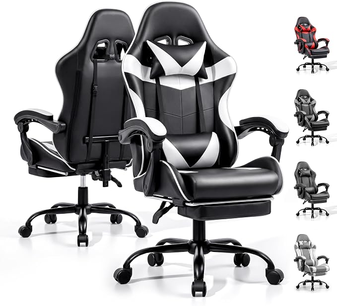 Gaming Chair, Ergonomic Footrest, Lumbar & Headrest(Black White) | Steel frame, PVC leather & memory foam; 330 lb; 21" seat; 360° swivel, 90–155° recline; easy assembly; gaming & work by Unknown