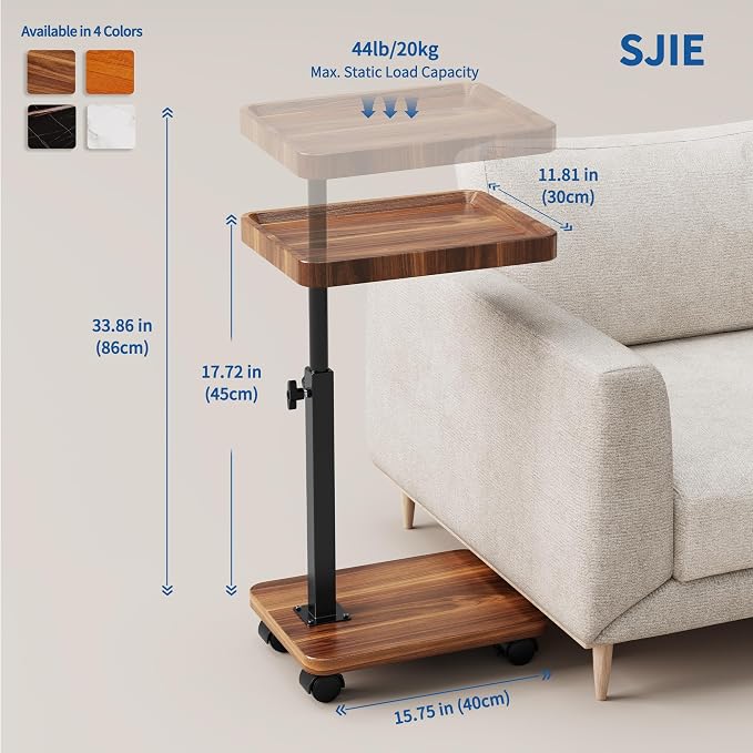 C Table End Table Adjustable Height, 360°Swivel TV Tray Table for Small Spaces, Side Tables with Wheels for Living Room and Bedroom, Bed (Walnut) - Image 2