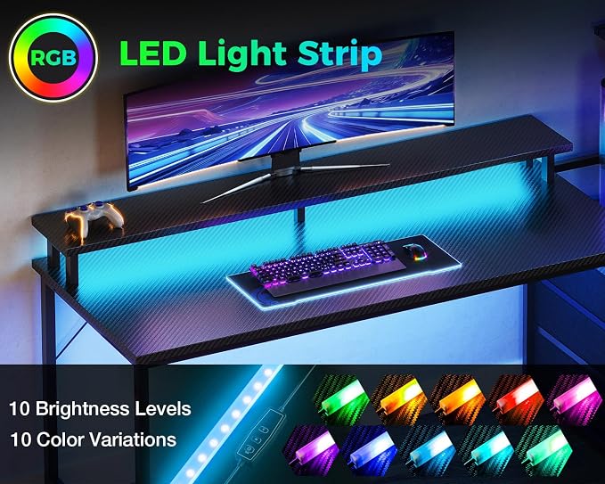 AODK Gaming Desk w/PC Showcase Stand, 59" Reversible, RGB LED, Black - Image 4