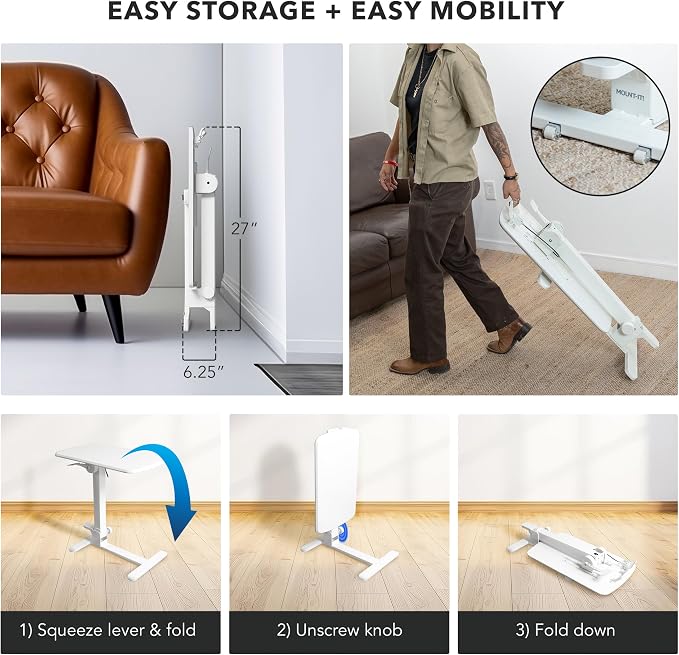 Mount-It! Overbed Table with Wheels, Folding Adjustable Height White - Image 9