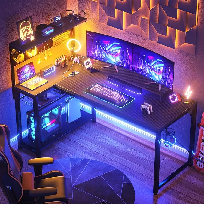 Homieasy Small Gaming Desk with Power Outlets Pegboard LED Light, 51 Inch L Shaped Computer Desk with Monitor Stand Storage Shelves, Reversible Corner Desk with Headset Hooks, Carbon Fiber Black - Image 2