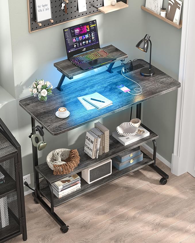 Height Adjustable Standing Desk with Power Outlets and LED Lights - 39" Manual Stand Up Desk with Monitor Stand and Storage Shelves Small Mobile Rolling Computer Desk Portable Laptop Table, Grey Oak - Image 2
