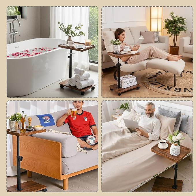 C Table End Table Adjustable Height,C Shaped End for Couch，Snack Tables,360°Swivel TV Tray Sofa Table,Tables that Slide Under,Coffee SideTable for Bed,Chair,Bath-tub,Outdoor(Walnut Color) - Image 9