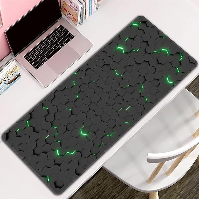 Green Hexagon Honeycomb Desk Mat, XXL 35.4"x15.7" Large Mouse Pad, Geometric Extended Gaming Mouse Mat,Non-Slip Rubber Base Waterproof with Stitched Edges for Gaming Office Home Decor - Image 8