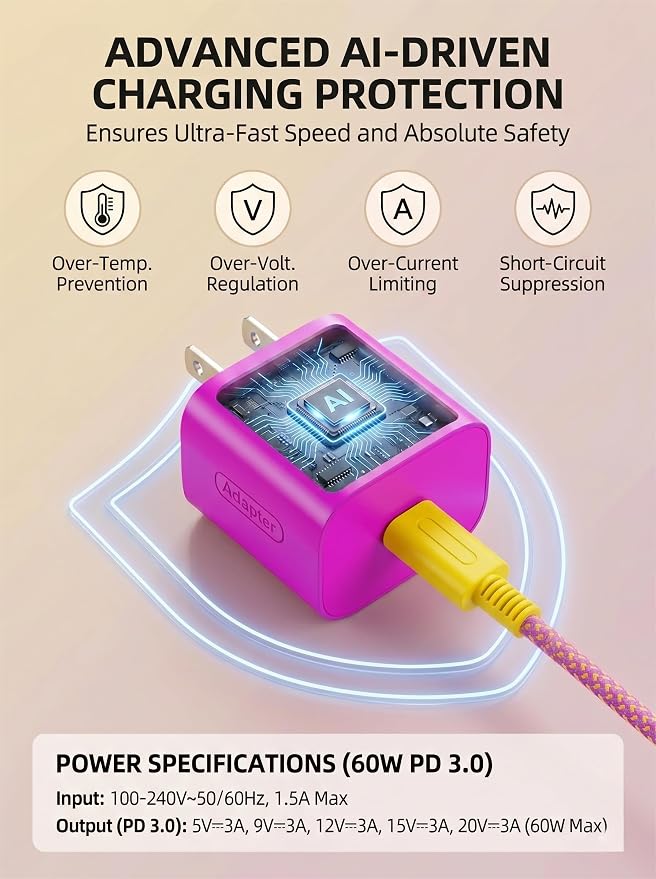 Switch 2 Fast Charger 60W - Vibrant Colors, 6.6FT Type-C Power Supply Adapter for Switch 1/2/OLED/Lite, Steam Deck, Supports 4K TV Dock Mode (20V/3A) (Purple & Orange) - Image 5
