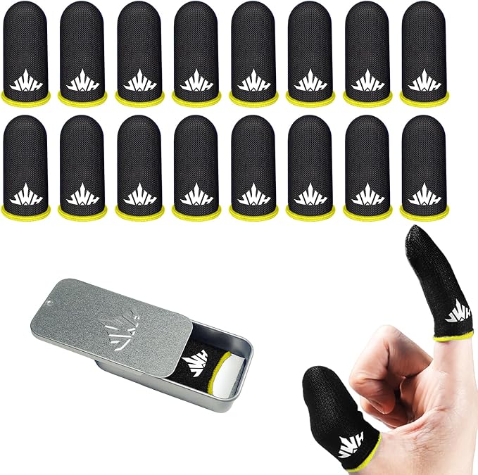 16 Pack Mobile Phone Gaming Thumb Sleeve,with Storage Box JWH Finger Cots for PUBG Gaming Glove,Yellow Edge​,Anti-Skid,Silky and Sweat-Proof,Dedales Gamer profesionales guantes para by JWH