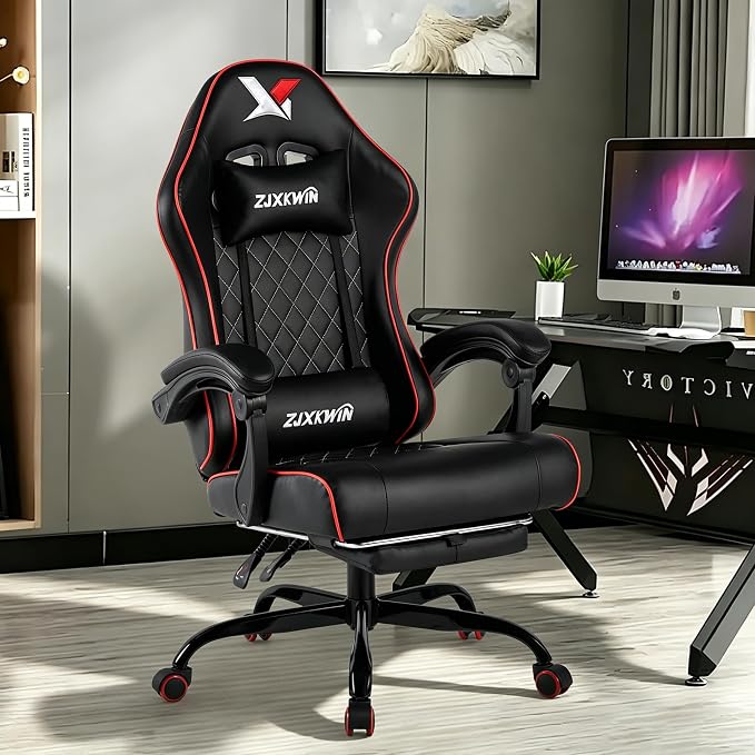 Gaming Chair with Pocket Spring Cushion, Ergonomic High Back Computer Chair with Footrest and Lumbar Support, Adjustable Height 360° Swivel Recliner, Red - Image 2
