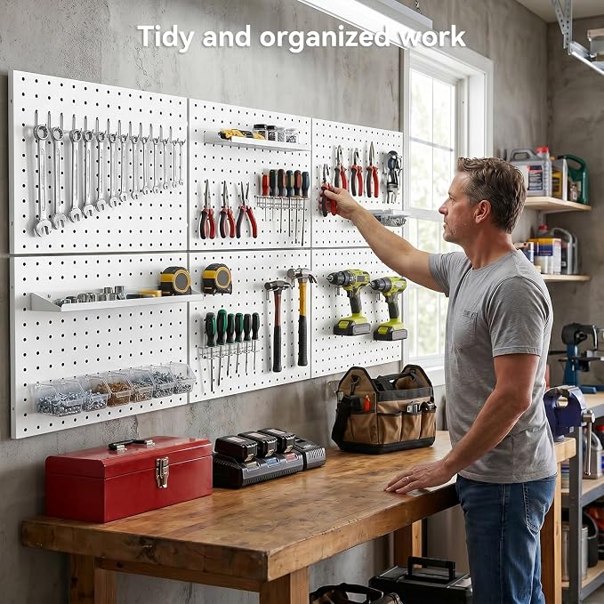 6 Pack Pegboard Panels, 16"x12" Metal Peg Board for Garage Tool Storage, White Pegboard Wall Organizer, Peg Board for Garage, Craft Room, Workbench Storage, Garage Tool Storag - Image 2