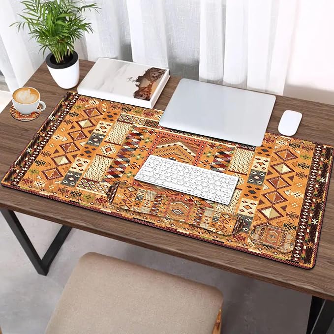 AIMSA Desk Mat Set, Large Mouse Pad + Mouse Wrist Rest + Keyboard Wrist Support + Coaster, Bohemian Style 4in1 Rug Gaming Mouse Pad Combo for Home Office, Orange - Image 2