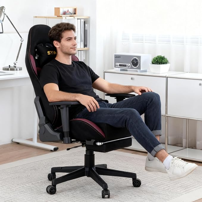 Symino Gaming Chair, High Back Ergonomic Office Chair with 2D Adjustable Armrests, 150° Recline, Breathable Faux Suede, Adjustable Headrest & Footrest for Home Office - Image 8