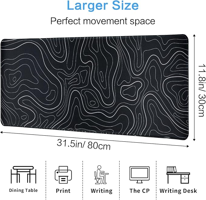 Gaming Mouse Pad Large 31.5 x 11.8in Topographic Keyboard Mousepad for Non-Slip Base and Stitched Edge, Extended Desk Pad XL Desk Mat (Black) - Image 6