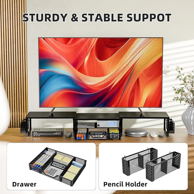 Simple Trending Dual Monitor Stand with Drawer and 2 Pen Holders, Black | 42"L x 9.5"W x 4.75"H. Sturdy metal. Fits 2 monitors. Reduces neck strain. Drawer + 2 pen holders. Easy assembly. 24h support - Image 6