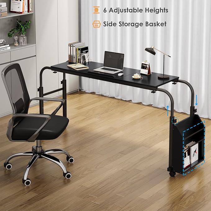 Arlopu Overbed Table with Wheels,60.6-84.2 inches Mobile Bed Desk, Black - Image 7