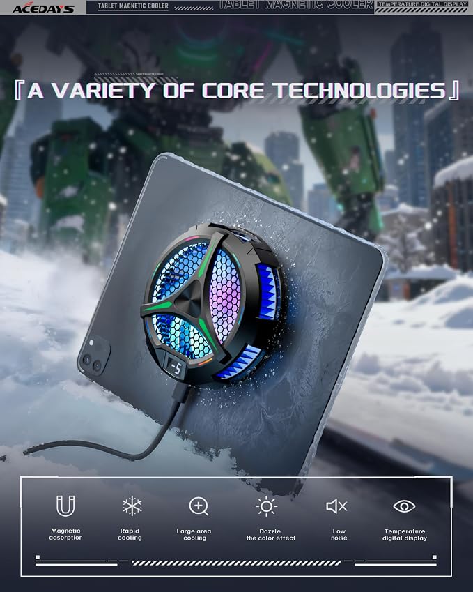 ACEDAYS Magnetic Cooler for iPad,Tablet Cooler for ipad/Surface pro/Samsung Tab,Universal Radiator with Temperature Display for Mobile Gaming,Tiktok Live Streaming(Including Tablet Stand Holder) - Image 6