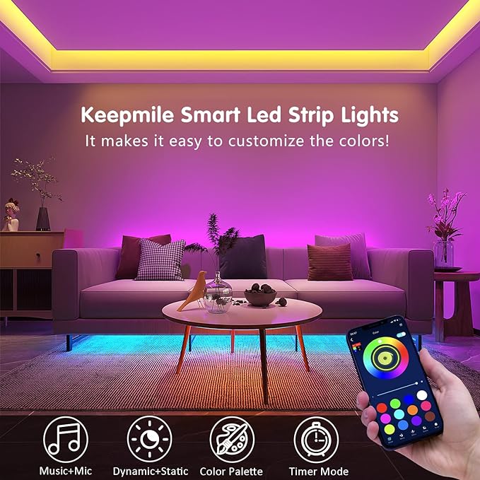 Keepsmile 50ft Led Strip Lights Smart Sync Music Led Lights for Bedroom Home Decoration, APP Control - Image 4