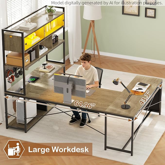 Dnxao U-Shaped Corner Gaming Desk with 3 Drawers and Pegboard, Oak Gray | 65" Reversible Computer Desk with Power Outlets and LED Lights, Storage Shelves Workstation with Pegboard for Gamers - Image 9