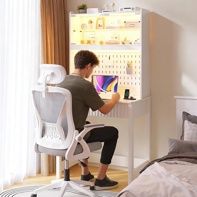 Lvifur LED Writing Desk with Hutch and Pegboard and Power Outlet (White) | Compact Study Desk with Display Shelf, 3 Color Lights, Adjustable Brightness, USB/Type-C&2 AC Outlets, Drawer wtih Metal Rail - Image 8