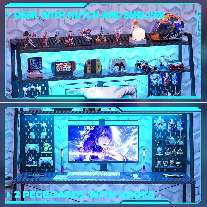 Besiost Gaming Desk with Hutch and LED Lights, Gaming Computer Desk with Power Outlets, Gamer Desk with Storage Shelves, PC Game Desks with Pegboards, for Bedroom, Carbon Fiber Black, 49" - Image 5