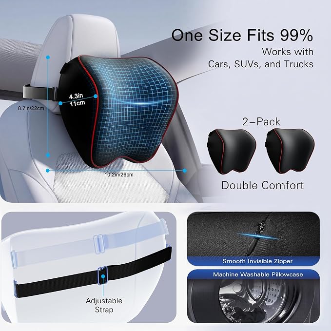 Crofy 2-Pack Car Neck Pillow, Headrest Pillow with Adjustable Strap, Black | Soft Memory Foam; Ergonomic Design Fits Most Car & Office Chairs; Breathable Removable Pillow Cover Is Machine Washable - Image 4