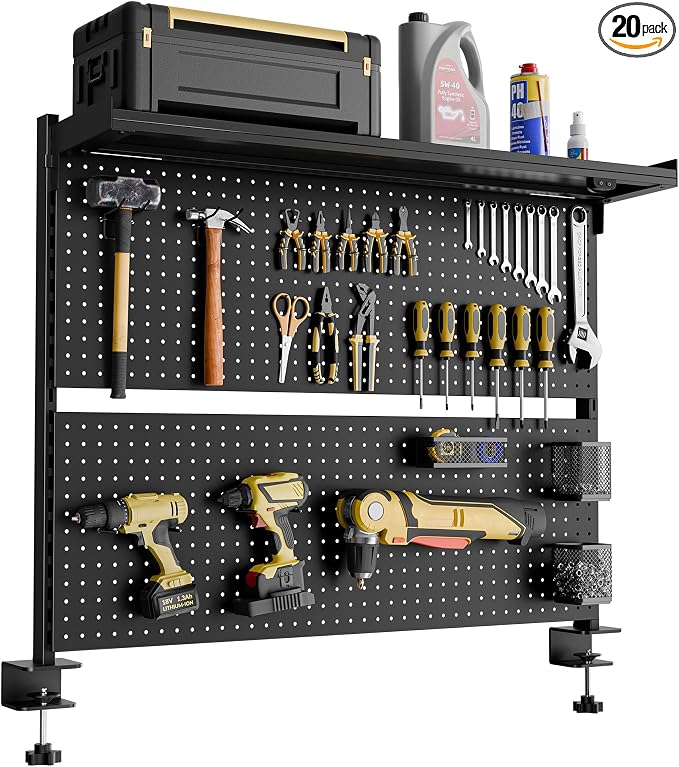 EUREKA ERGONOMIC Desk Pegboard Dual Monitor Stand 43x34 Black | Steel pegboard with dual monitor stands, privacy panel and 4 modular accessories for organized gaming and office setups by EUREKAERGONOMIC