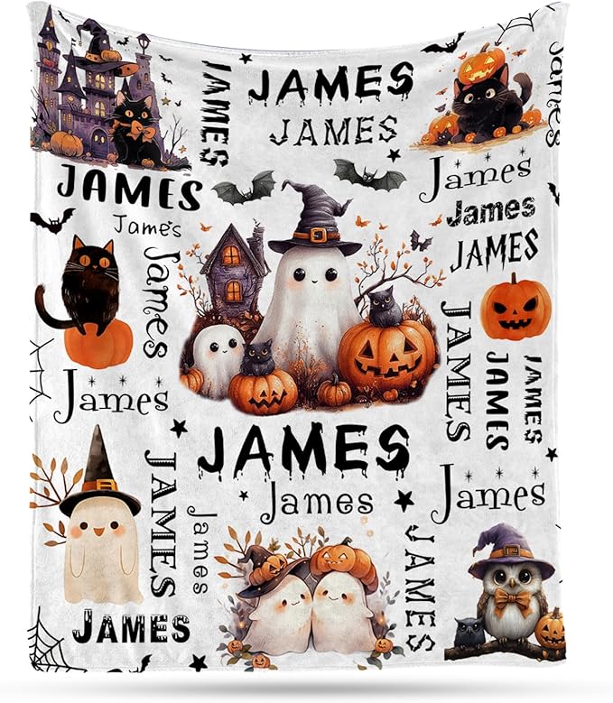 Ship Next Day, Custom Halloween Blanket - Printed in USA, Personalized Baby Blankets with Name, Gift for Kids Girls Boys, Unique Present for Birthday, Christmas, Halloween Bats Toddler Blanket by Unknown