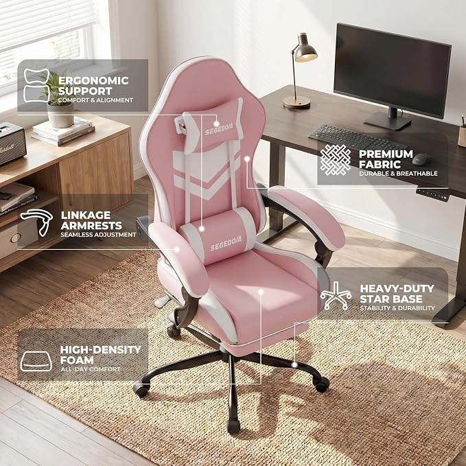 Gaming Chair with Footrest & Massage Lumbar Support, PU Leather Ergonomic High Back Swivel Height Adjustable Chair for Adults, Office Gaming, 300 lbs (Pink White) - Image 6