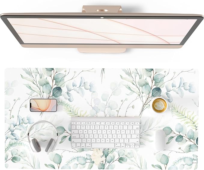 QiyI PU Leather Large Mouse Pad, 31.5" x 15.7", Eucalyptus Leaf | Desk Décor Accessories, Extended Size, Waterproof & Easy to Clean, Smooth Surface, Non Slip Desk Organization by QIYI