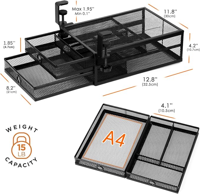 Under Desk Drawer, Clamp on Desk Organizer Slide Out Table Storage No Drill - Image 3