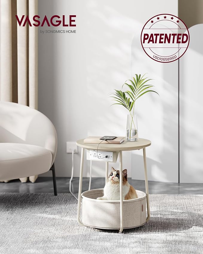 VASAGLE Side Table with Charging Station,Fabric Basket, Round End Table - Image 3