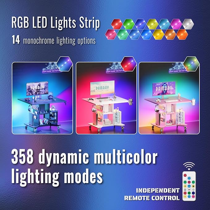 Pamray Small Gaming Desk Rolling Computer Table Balck | Movable, with Led Lights Power Outlets, with Storage Pegboard and Hook, Sturdy, Suitable for Study Gaming Bedroom Dorm - Image 4