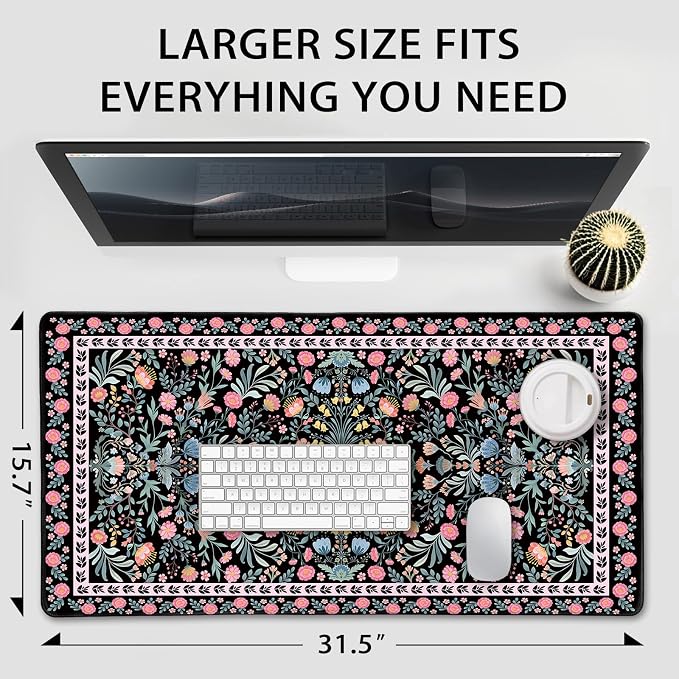 Black Floral Desk Mat Large Mouse Pad 31.5"x15.7" Non-Slip | Extended Mousepad, Non-Slip Rubber Base , Stitched Edges, for Computer/Laptop/Office/Home - Image 4