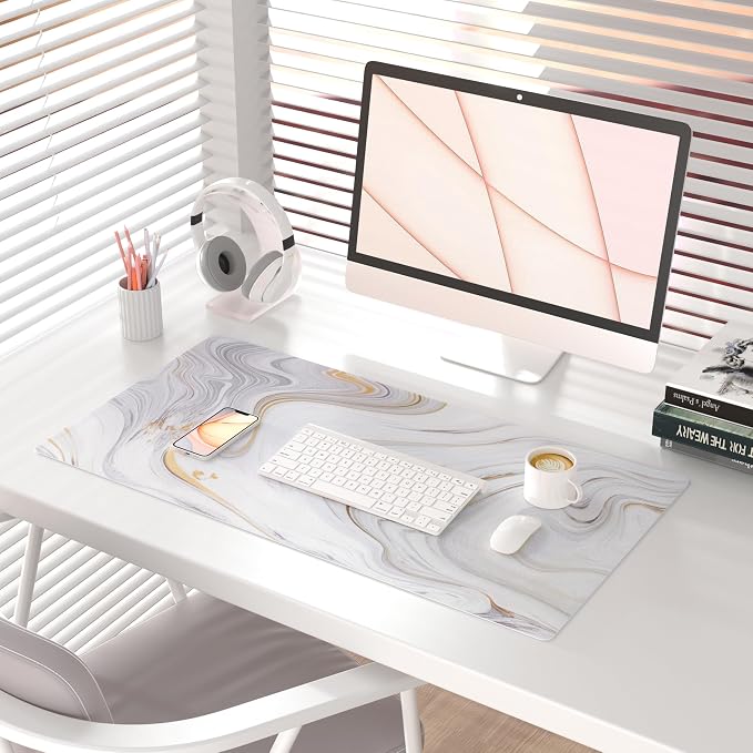 QiyI PU Leather Large Mouse Pad, Office Decor, 31.5" x 15.7", Gold Striped | Desk Décor Accessories, Extended Size, Waterproof & Easy to Clean, Smooth Surface, Non Slip Desk Organization - Image 2