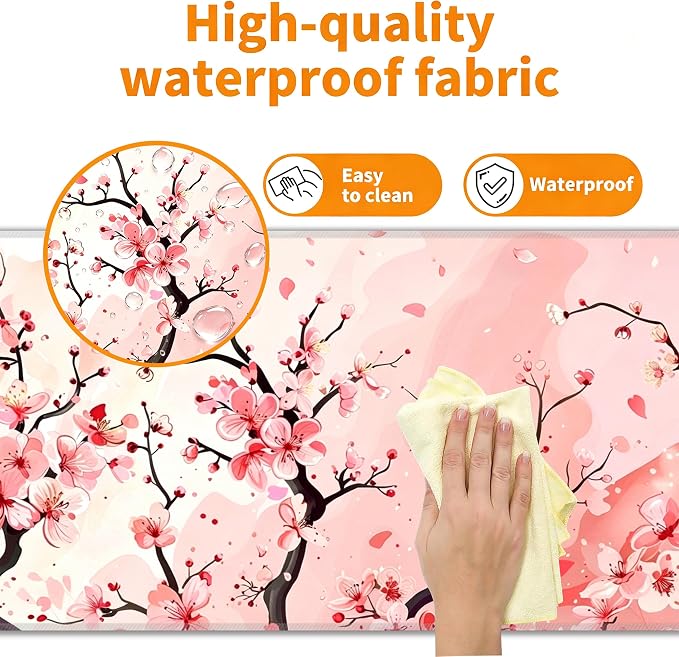 Pink Cherry Blossom Desk Mat, XXL 35.4"x15.7" Large Mouse Pad, Cute Sakura Extended Gaming Mouse Mat,Non-Slip Rubber Base Waterproof with Stitched Edges for Gaming Office Home Decor - Image 4