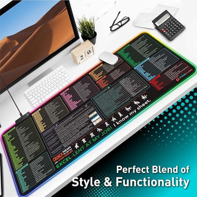 Excel Cheat Sheet LED Desk Pad | Excel Shortcut Keys Mouse Pad - Colorful RGB Luminous Extended Large Gaming Mousepad| PC Office Spreadsheet Keyboard Mat| Non-Slip Stitched Edge Desk Mat - Image 6