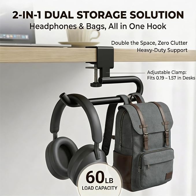 60 lb. Desk Bag Hanger, Purse Hook for Desk, Backpack Hanger for Office Use - Image 4