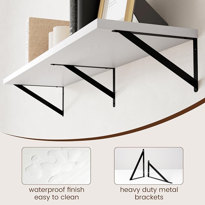 Axeman Floating Shelves for Wall White - 48 Inch Wide x 12 Inch Deep Wall Shelves Set of 2 - White Deep Wood Floating Shelves for Living Room Bedroom Laundry Room - Image 5