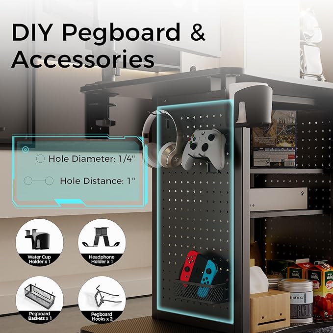 EUREKA ERGONOMIC Gaming Desk Computer, 37" Rolling Desk on Wheels for Small Space, Mobile Computer Cart with Pegboards Adjustable Shelves for Gaming PS Switch Home Office - Black - Image 4
