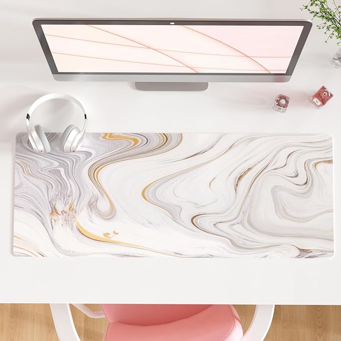 QiyI PU Leather Large Mouse Pad, 31.5" x 11.8", Gold Grey Striped | Desk Décor Accessories, Extended Size, Waterproof & Easy to Clean, Smooth Surface, Non Slip Desk Organization by QIYI