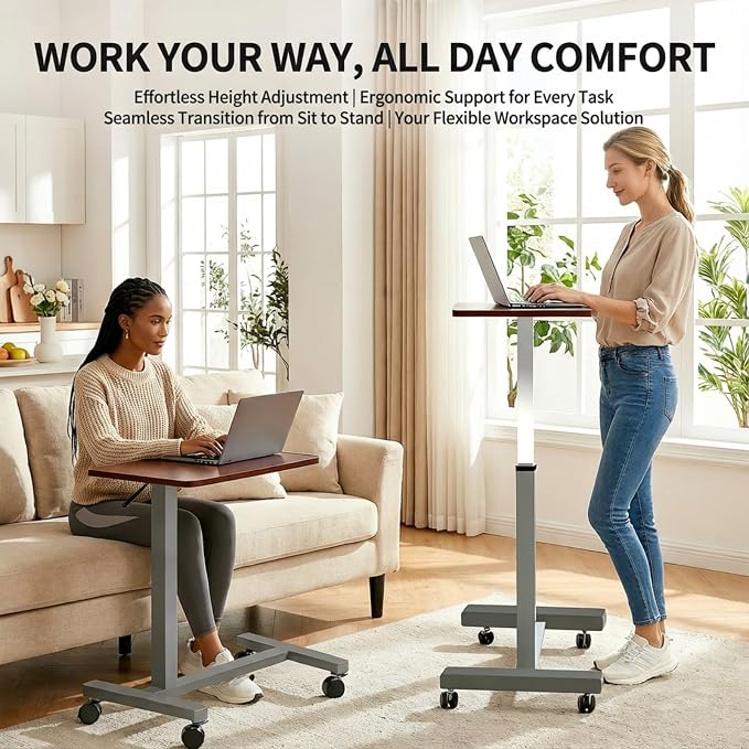 Adjustable Overbed Table with Wheels, Pneumatic Height Lift Rolling Bedside Table, Standing Desk for Home & Office Use, Ideal for Seniors & Limited Mobility(Walnut Brown) - Image 4