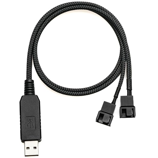 CRJ 12V Step-Up USB to Dual PC Fans Power Adapter Cable - 24-inch (60cm), Black Sleeved - Full Fan Speed Adapter for 3-Pin/4-Pin Cooling Fans (Pack of 2) - Image 2
