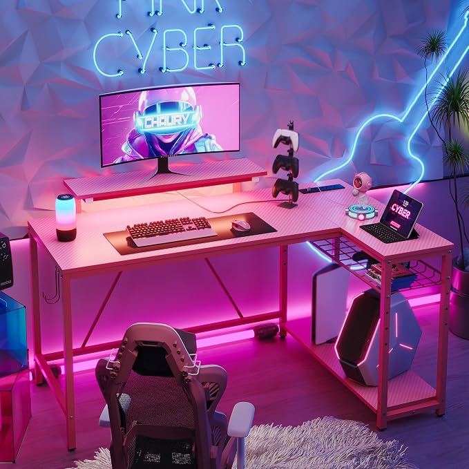 Bestier 52-Inch L-Shaped Gaming Desk with Charging & LED, Pink - Image 9