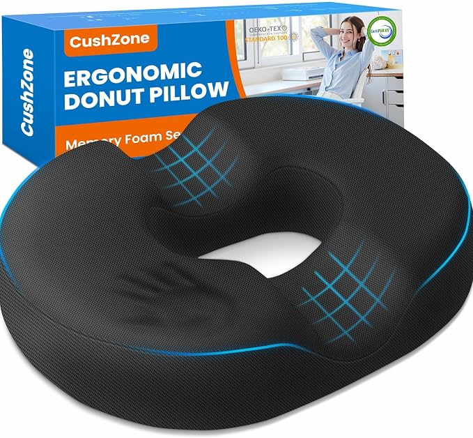 Donut Pillow Seat Cushion, Office Chair Cushion, Black, X-Large | Ergonomic Design, Breathable Cover, for Tailbone Pain, Hemorrhoids & Long Sitting Hours, for Home & Office by CushZone